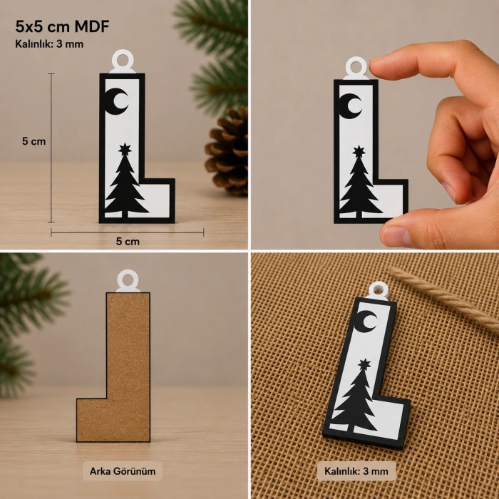 L Harf Yılbaşı Süsü – MDF Çam Ağacı Desenli Asılabilir Dekor (5x5 cm)