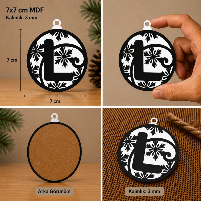 L Harf Yılbaşı Süsü – MDF Çam Ağacı Desenli Asılabilir Dekor (7x7 cm)