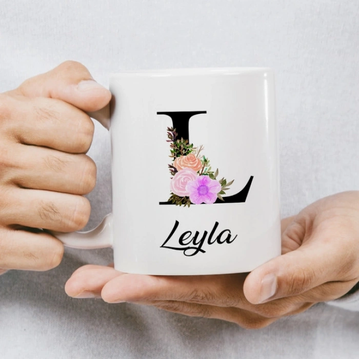 L Harfi Çiçekli İsme Özel Kupa