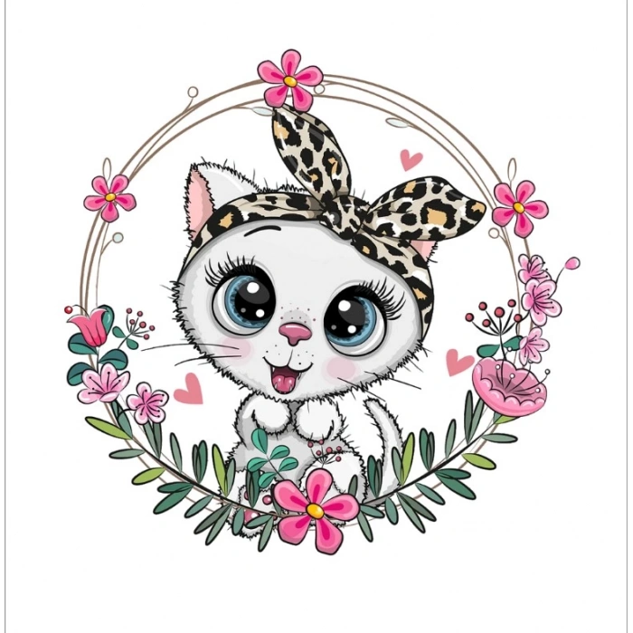 Leopar Bandanalı Kedi Çiçek Çerçeveli Duvar Stickerı