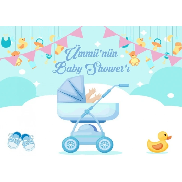 Mavi Bebek Arabası Temalı Baby Shower Afişi 100x150 Cm
