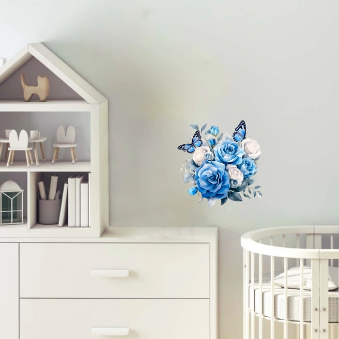 Mavi, Beyaz Güller ve Kelebekler Duvar Stickerı