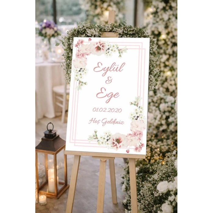 Pembe Güllü Düğün, Nişan ve Söz Karşılama Panosu – 50x70 cm