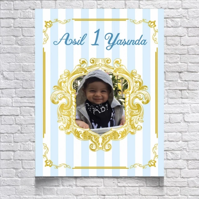 Mavi Çizgili Doğum Günü Afişi Resimli 35x50 Cm