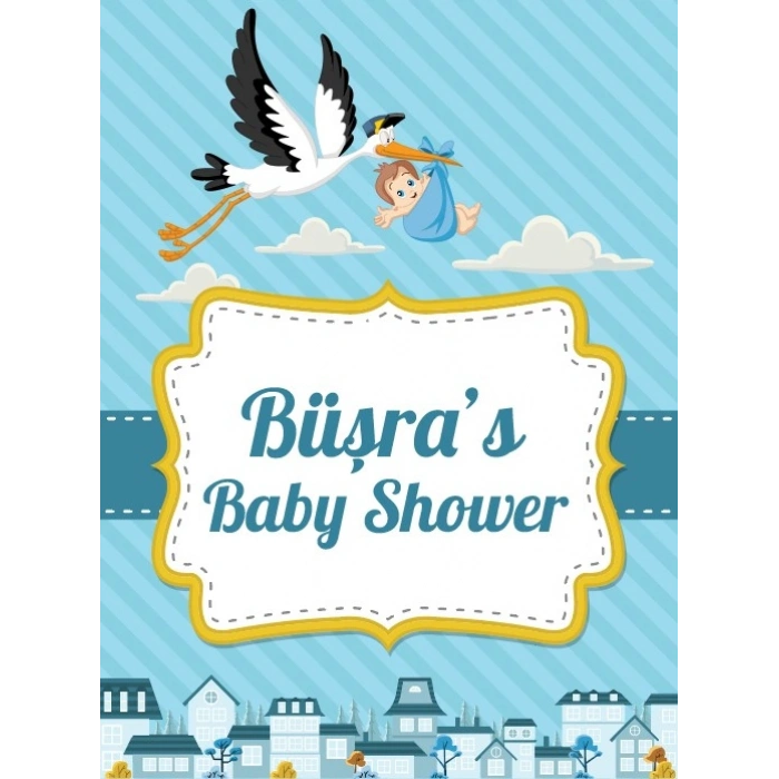 Mavi Çizgili Leylek Temalı Baby Shower Afişi 35x50 Cm
