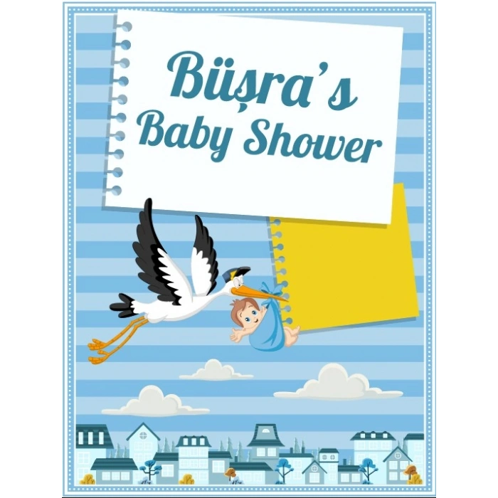 Mavi Çizgili Leylek Temalı Baby Shower Afişi 50x70 Cm