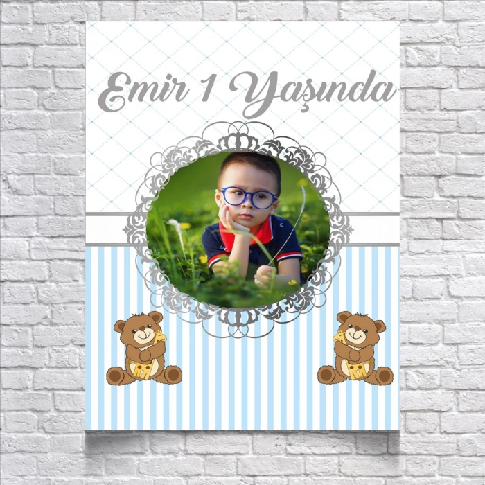 Mavi Çizgili Sevimli Ayıcıklı Doğum Günü Afişi 35X50 cm