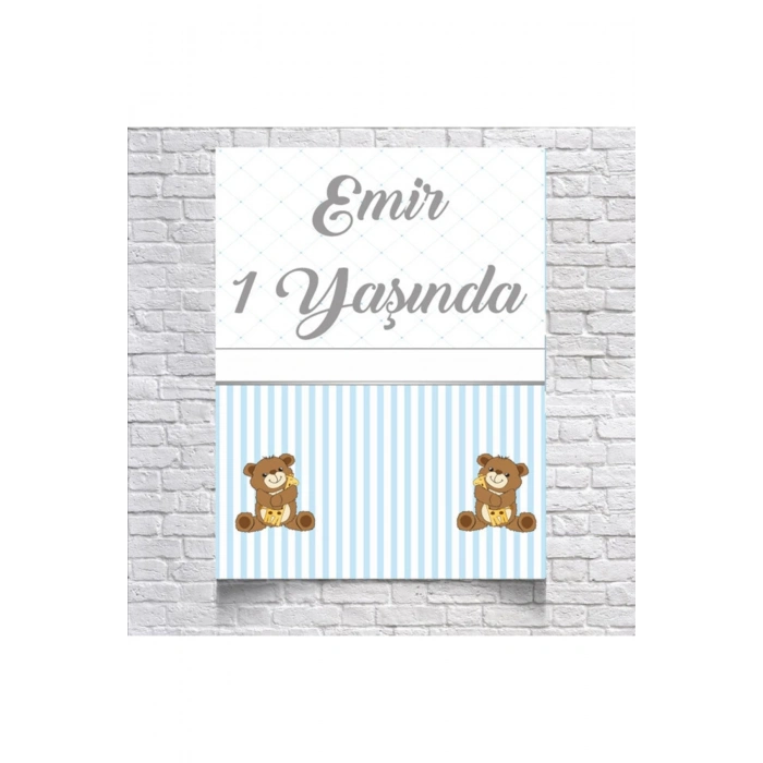 Mavi Çizgili Sevimli Ayıcıklı Doğum Günü Afişi 35X50 cm