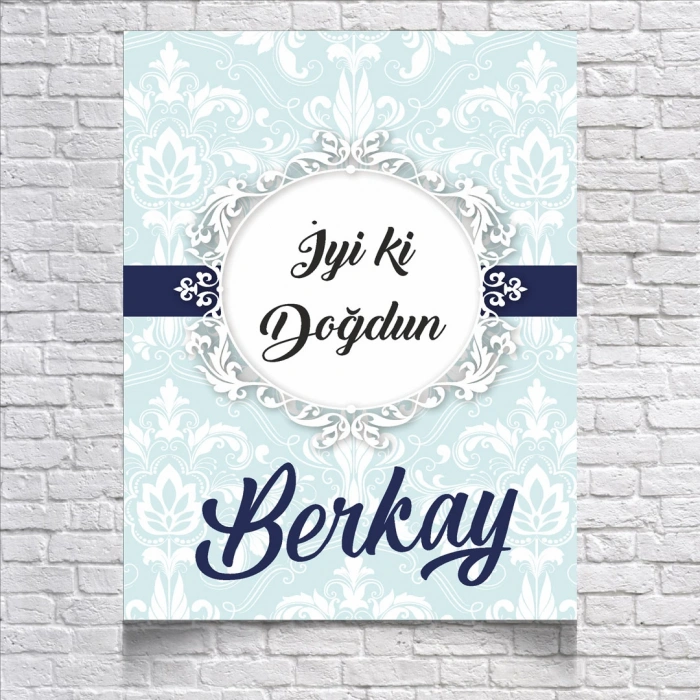 Mavi Damask Desenli Doğum Günü Afişi 70x100 Cm
