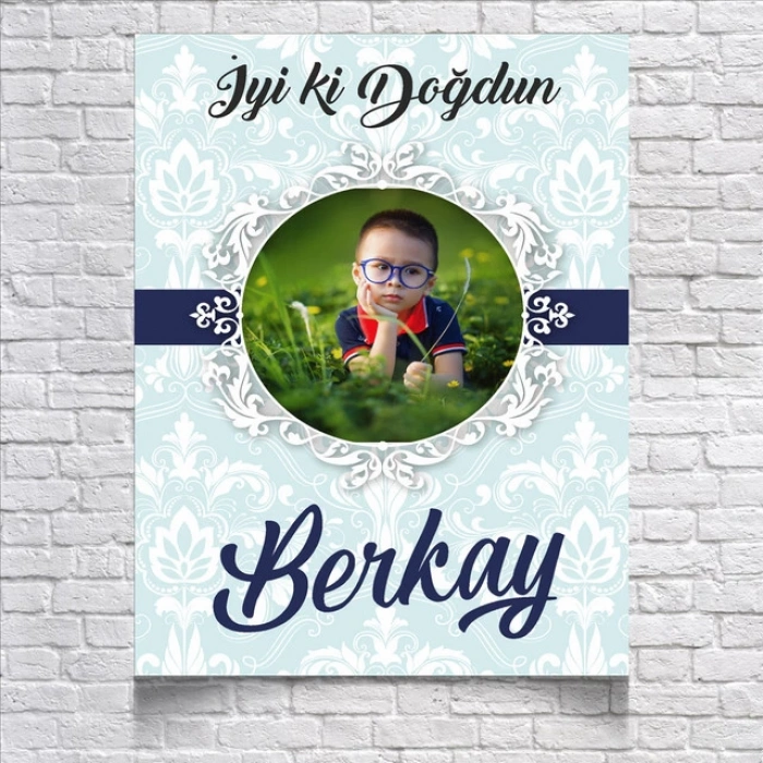 Mavi Damask Desenli Doğum Günü Afişi Resimli 50x70 Cm