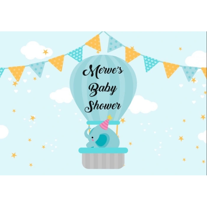 Mavi Fil ve Balon Temalı Baby Shower Afişi 100x150 Cm