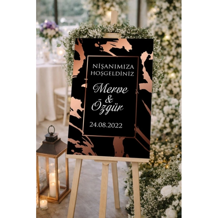 Siyah Rose Gold Detaylı Düğün, Nişan ve Söz Karşılama Panosu – 50x70 cm