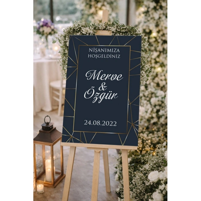 Mavi Üzerine Gold Çerçeveli  Düğün, Nişan ve Söz Karşılama Panosu – 50x70 cm