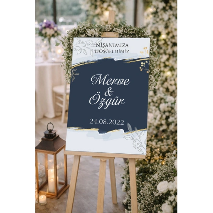 Gri Detaylı ve Çiçekli Düğün, Nişan ve Söz Karşılama Panosu – 50x70 cm