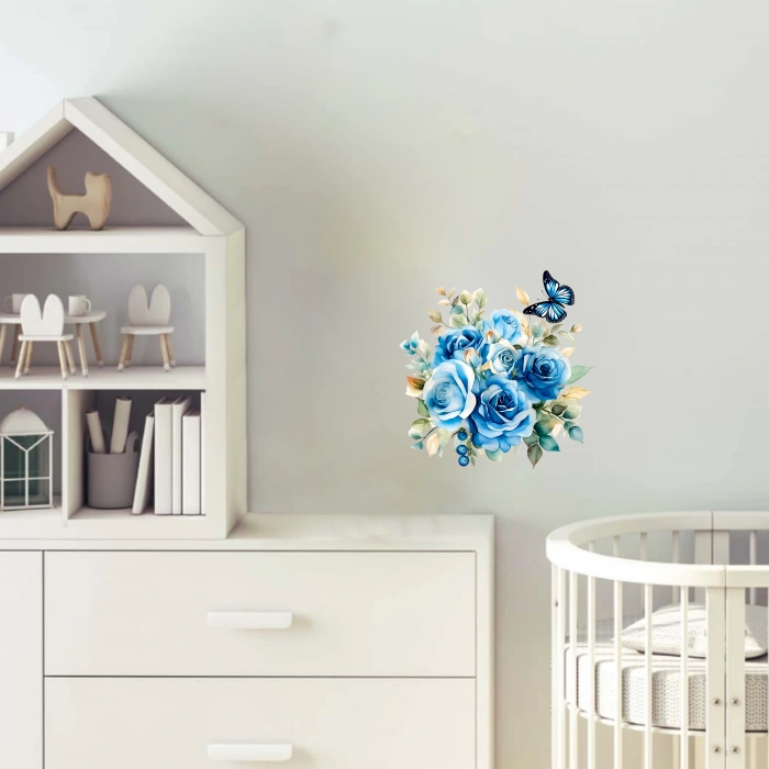 Mavi Güller ve Kelebek Duvar Stickerı (Küçük Kelebek)