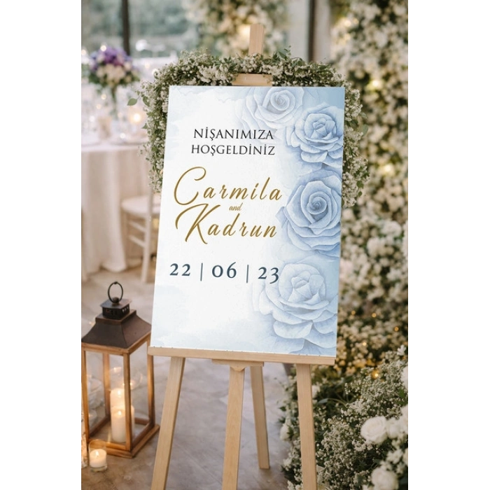 Mavi Güllü Düğün, Nişan ve Söz Karşılama Panosu – 50x70 cm