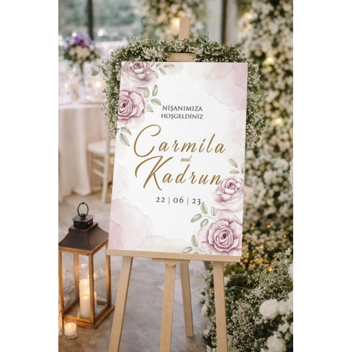 Pembe Güllü Düğün, Nişan ve Söz Karşılama Panosu – 50x70 cm