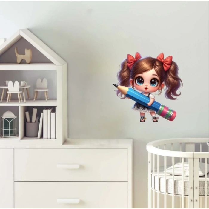 Mavi Kalem Tutan Kız Duvar Stickerı