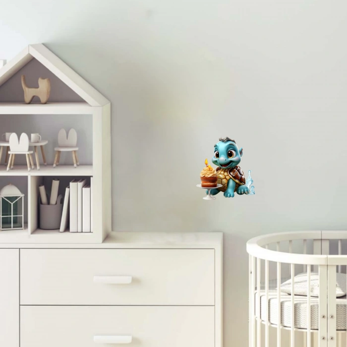 Mavi Kaplumbağa ve Mumlu Pasta Duvar Stickerı