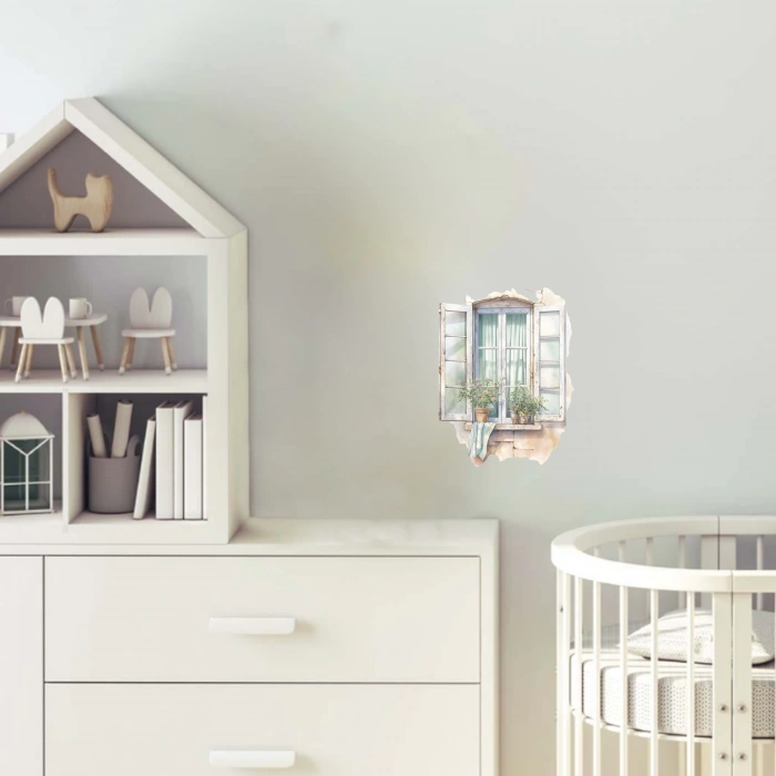 Mavi Panjurlu ve Bitkili Açık Pencere Duvar Stickerı