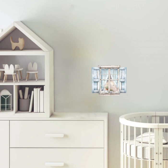 Mavi Panjurlu ve Perdeli Pencere Duvar Stickerı