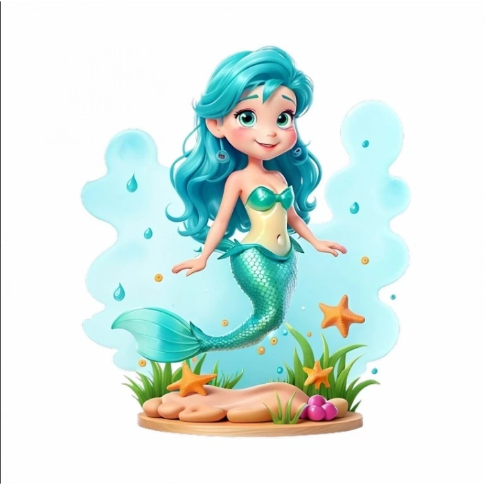 Mavi Saçlı Deniz Kızı ve Deniz Canlıları Duvar Stickerı