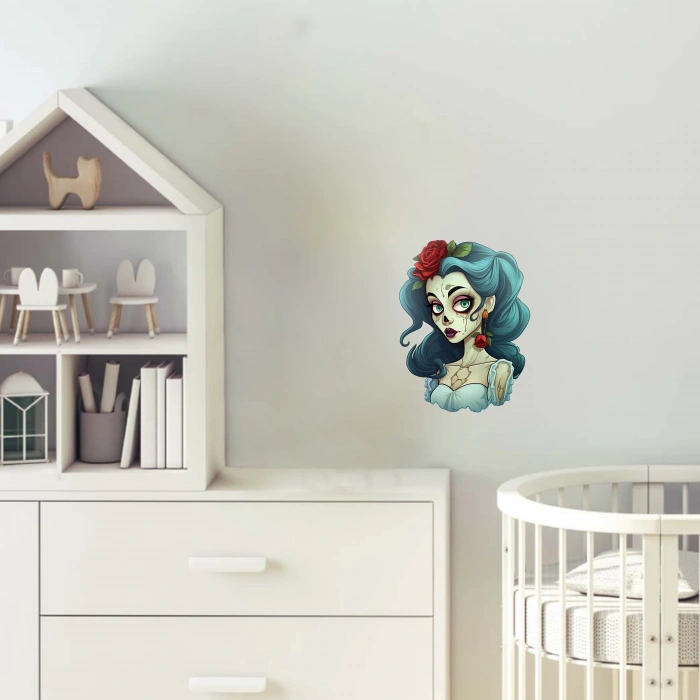 Mavi Saçlı Güllü Zombi Kız Duvar Stickerı
