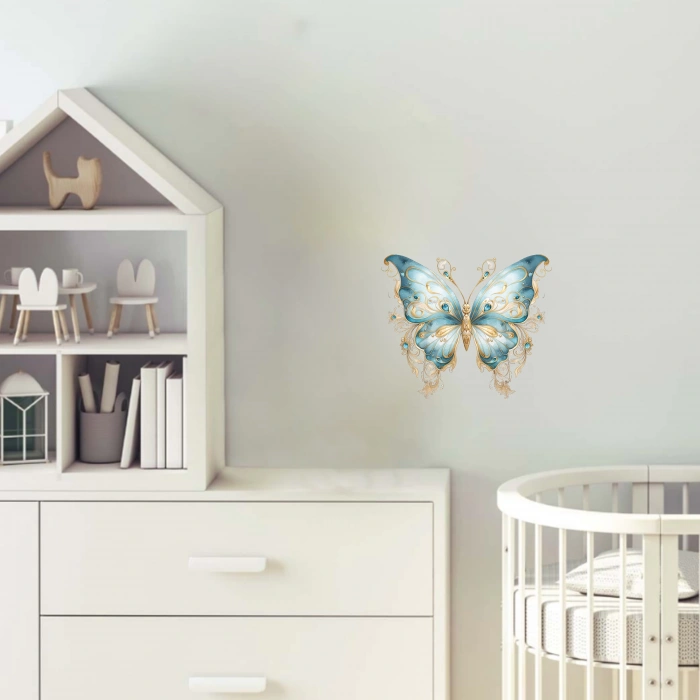 Mavi ve Altın Desenli Kelebek Duvar Stickerı