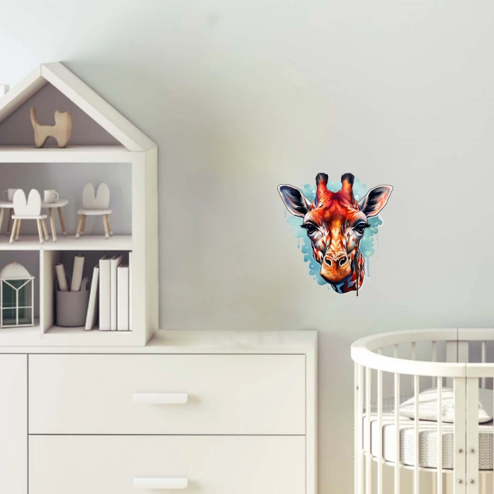 Mavi ve Kırmızı Detaylı Zürafa Kafası Duvar Stickerı