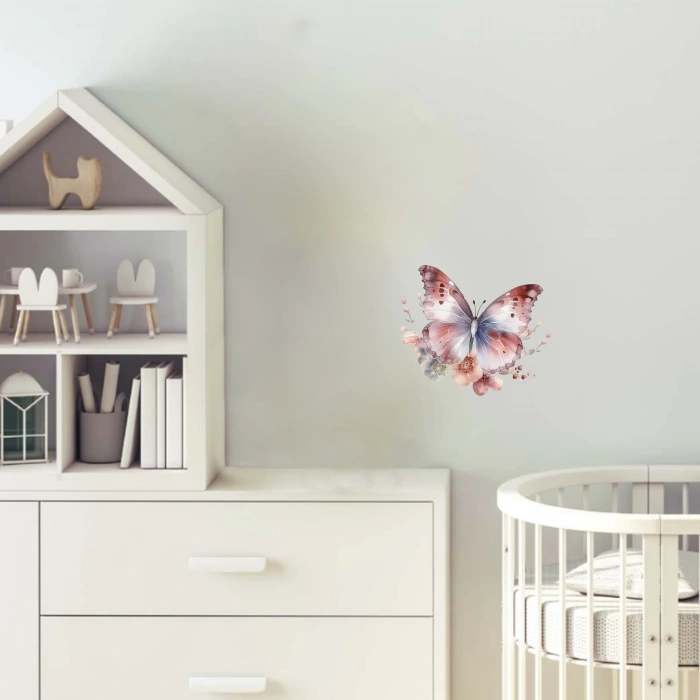 Mavi ve Pembe Kelebek ve Çiçekler Duvar Stickerı