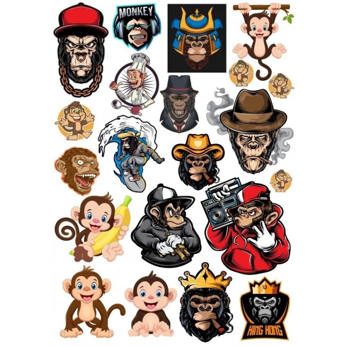 Maymun Goril Sticker Set-2 15 Parça Telefon, Tablet, Defter, Laptop Sticker