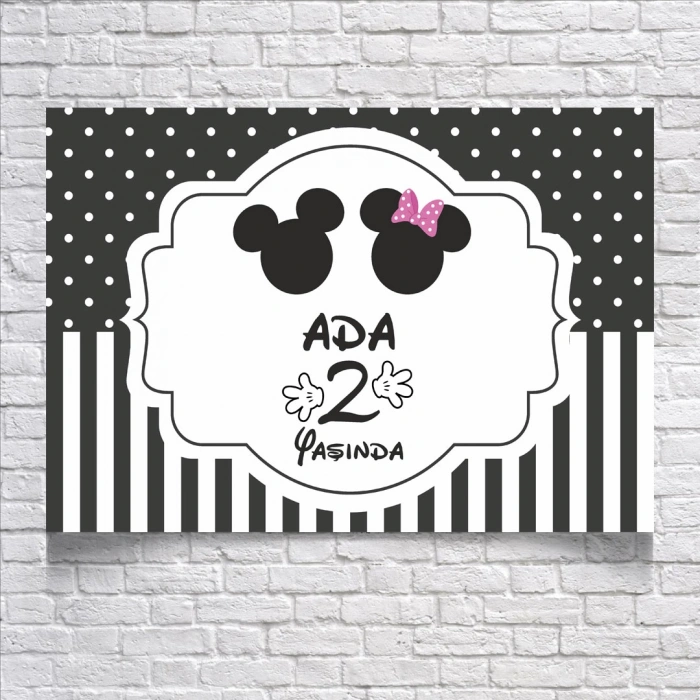 Mickeyli Siyah Çizgili Doğum Günü Afişi 100X150 cm
