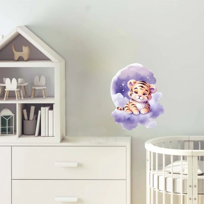 Mor Ay ve Bulut Üzerinde Oturan Sevimli Kaplan Yavrusu Duvar Çıkartması