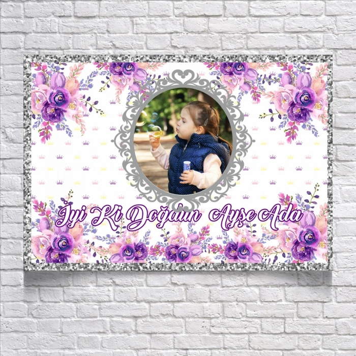 Mor Çiçek Temalı Doğum Günü Afişi 70X100 cm