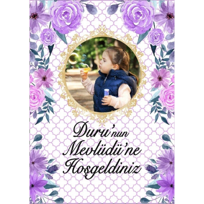Mor Çiçek Temalı Resimli Mevlüd Afişi  50x70 Cm