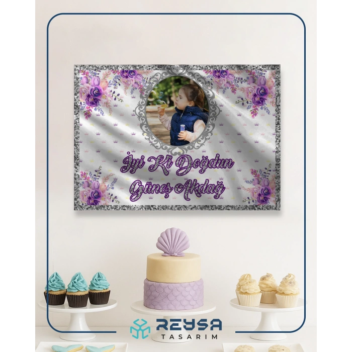 Mor Çiçekli Doğum Günü Afişi 100X150 cm