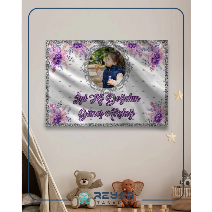 Mor Çiçekli Doğum Günü Afişi 100X150 cm