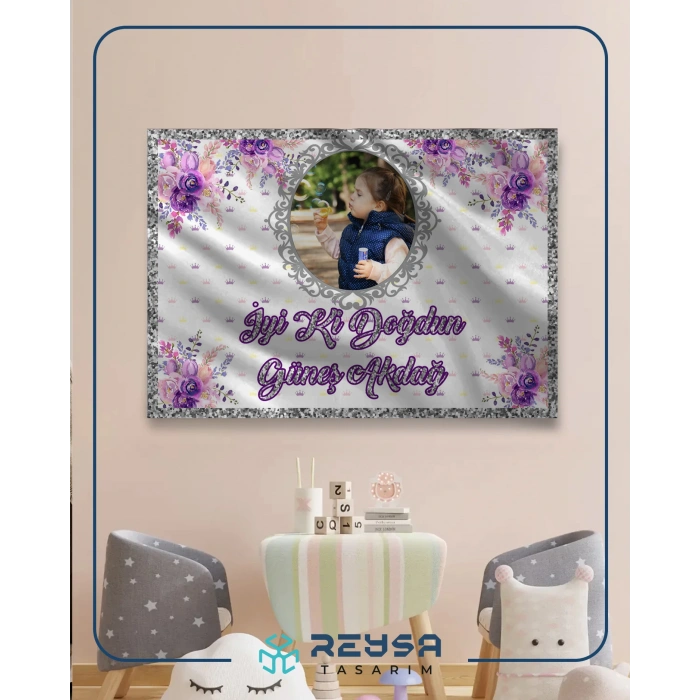 Mor Çiçekli Doğum Günü Afişi 70X100 cm