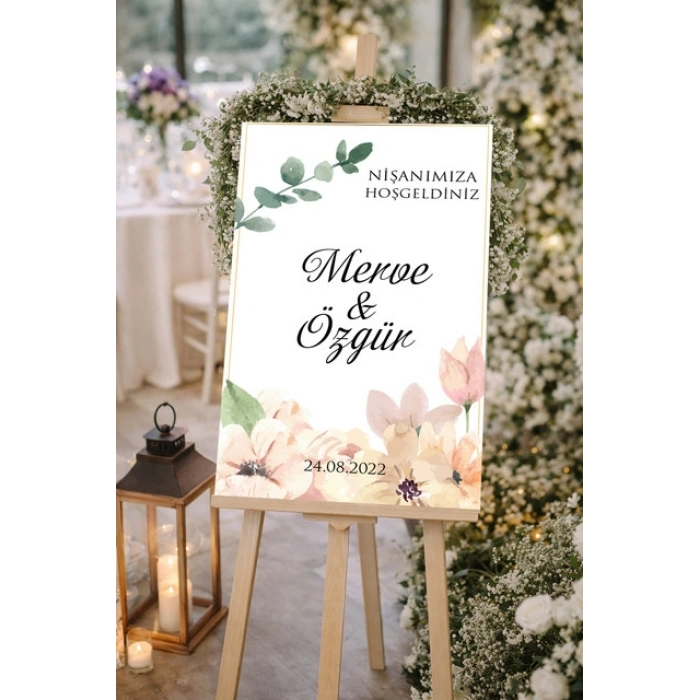 Çiçekli Düğün, Nişan ve Söz Karşılama Panosu – 50x70 cm