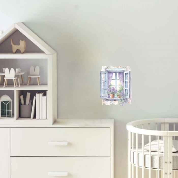 Mor Panjurlu ve Lavanta Saksılı Pencere Duvar Stickerı