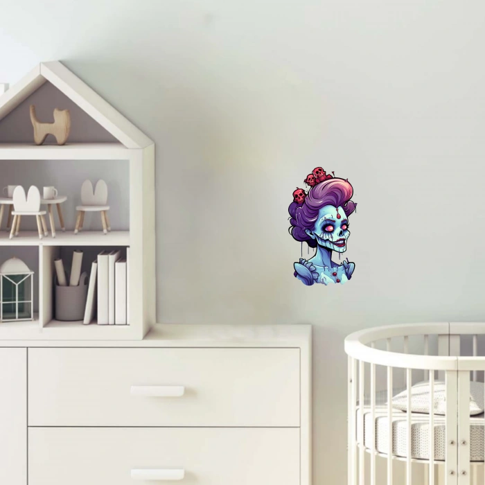 Mor Saçlı Kafataslı Zombi Kız Duvar Stickerı