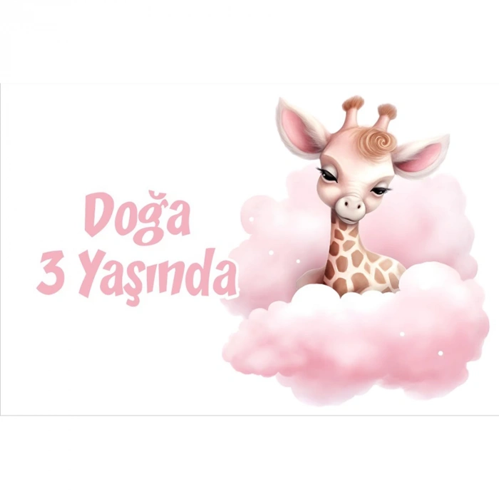 Pembe Sevimli Zürafa Doğum Günü Afişi 50X70 cm