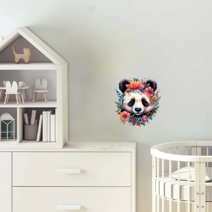 Mor ve Turuncu Çiçek Taçlı Panda Duvar Stickerı