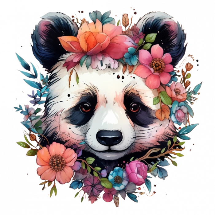 Mor ve Turuncu Çiçek Taçlı Panda Duvar Stickerı