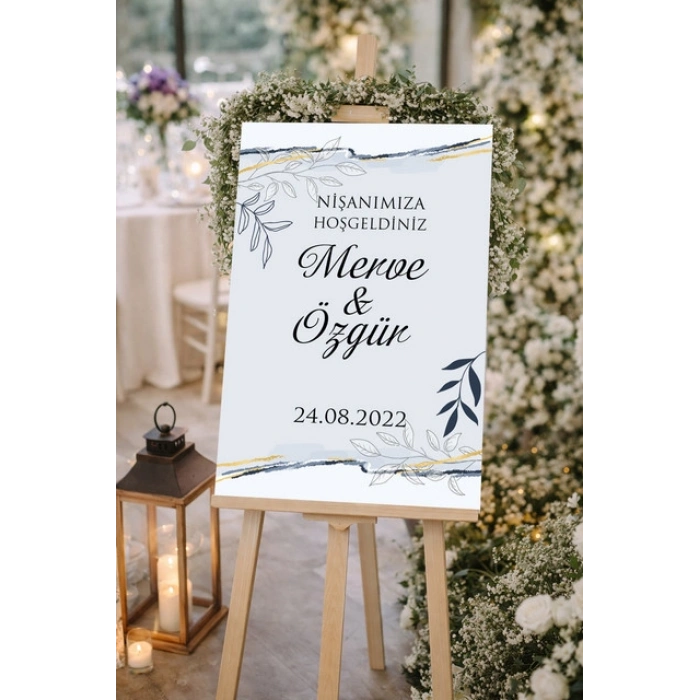 Gri Detaylı ve Çiçekli Düğün, Nişan ve Söz Karşılama Panosu – 50x70 cm