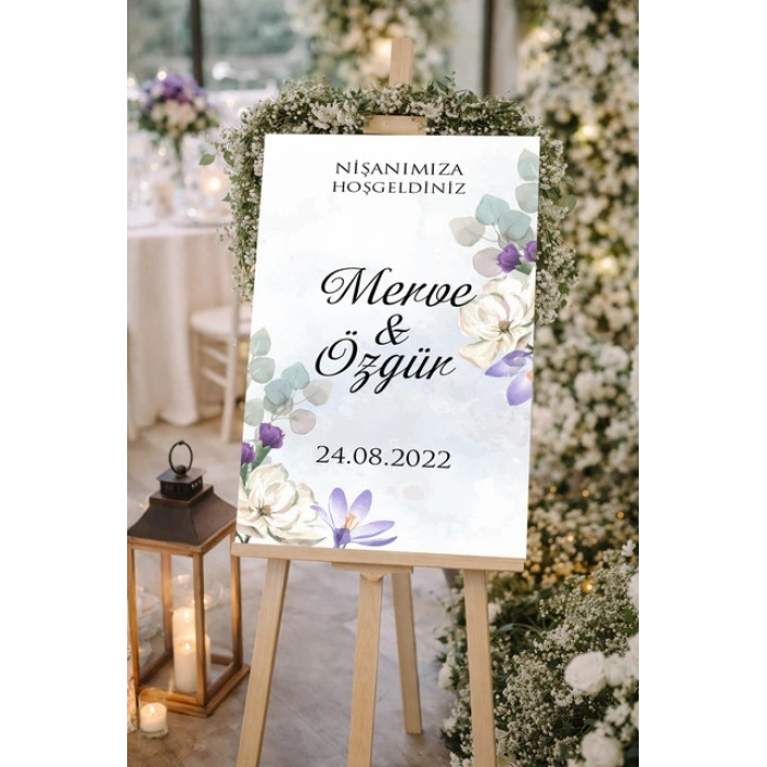 Mor Yeşil Çiçekli Düğün, Nişan ve Söz Karşılama Panosu – 50x70 cm