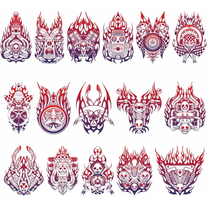 Motorsiklet Motorları Alevli Sticker Set 17 Parça Telefon, Tablet, Defter, Laptop Sticker