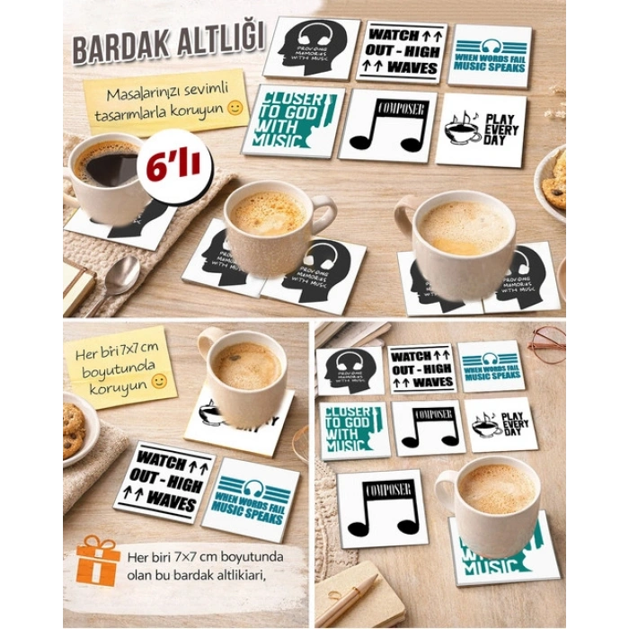 Müzik Temalı 12 7x7 – 6’lı Set Dekoratif Kare Tasarım