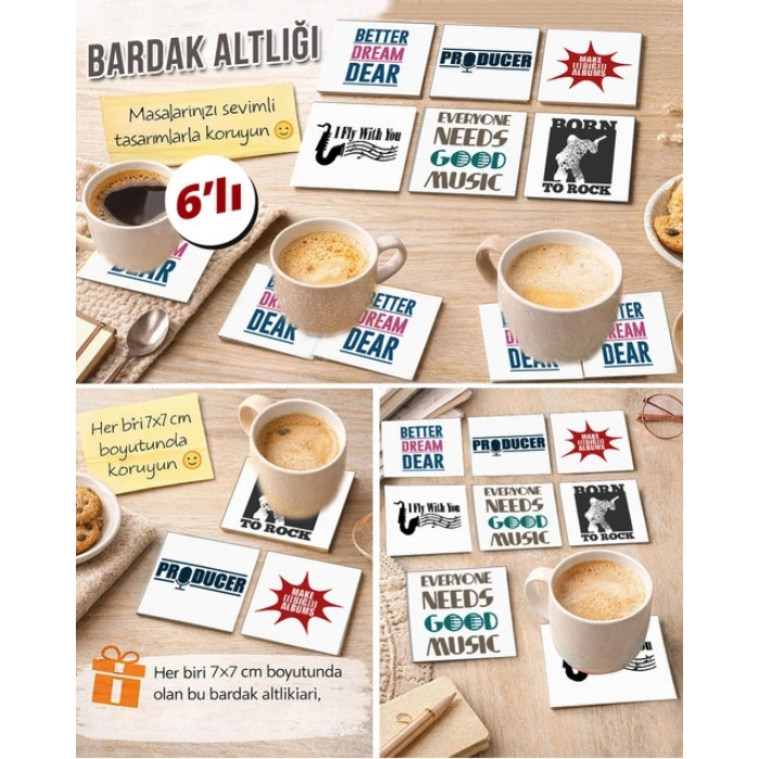 Müzik Temalı 16 7x7 – 6’lı Set Dekoratif Kare Tasarım