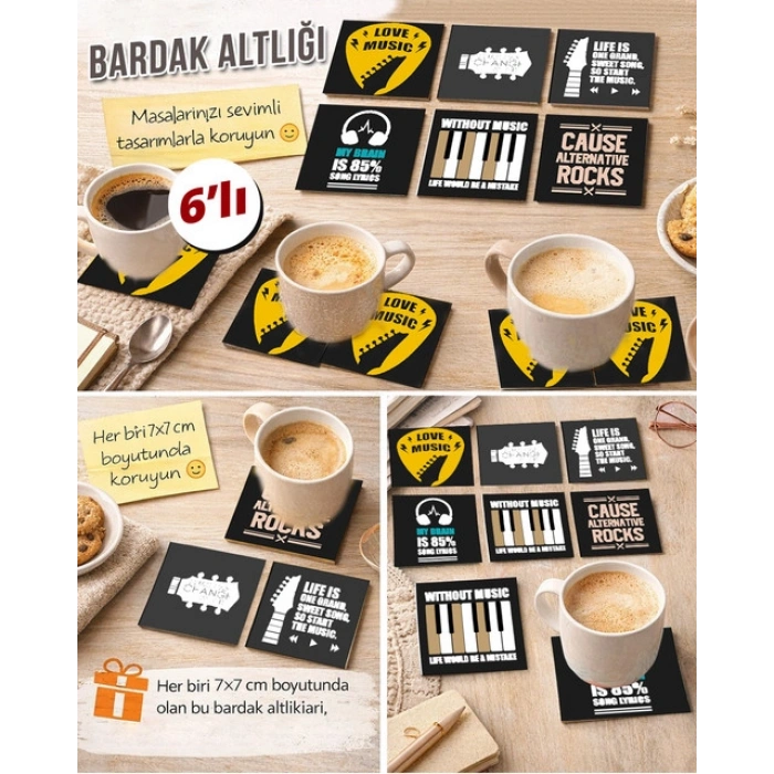 Müzik Temalı 2 7x7 – 6’lı Set Dekoratif Kare Tasarım
